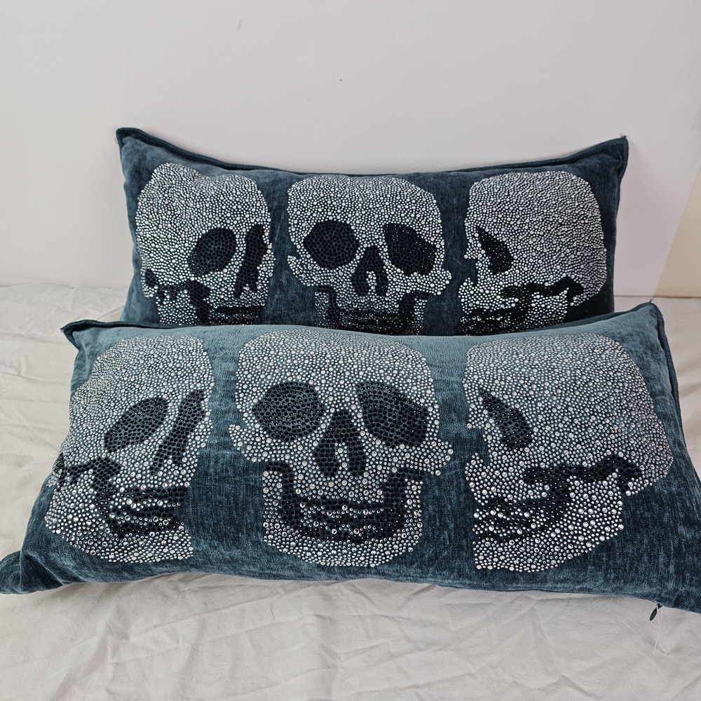 Magaschoni Home NWT Skull Rhinestone Blue Velvet Cushion Pillow 24 x 12 Inches